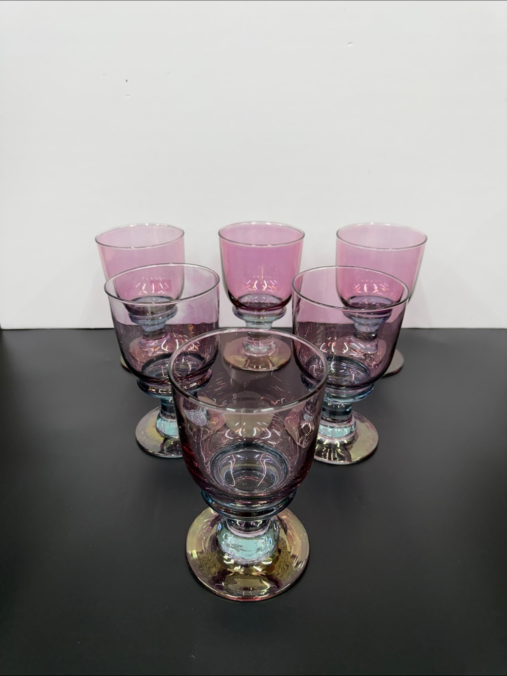 Set of 6 hand-blown amethyst/pink art-glass goblets